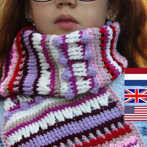 crochet pattern children's scarf, pattern boho scarf, leftover scarf, Dutch and English, with crochet planner