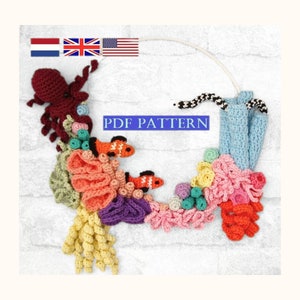 crochet pattern wall hanger coral, Dutch and English (UK and US), with planner