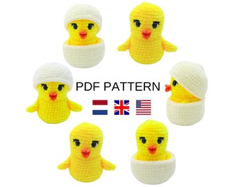 crochet pattern mini squishy chick in egg, Easter chick pattern, mini cuddly toy, Dutch and English UK and US terms, PDF pattern and crochet planner