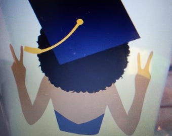 May include: A silhouette of a person wearing a blue graduation cap with a gold tassel, giving a peace sign with both hands. The person has dark brown hair and is wearing a blue top.