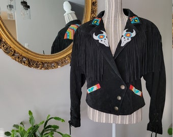 Handbemalte Vintage, 80er Jahre Style, Schwarze Wildleder Fransenjacke, Southwestern Design