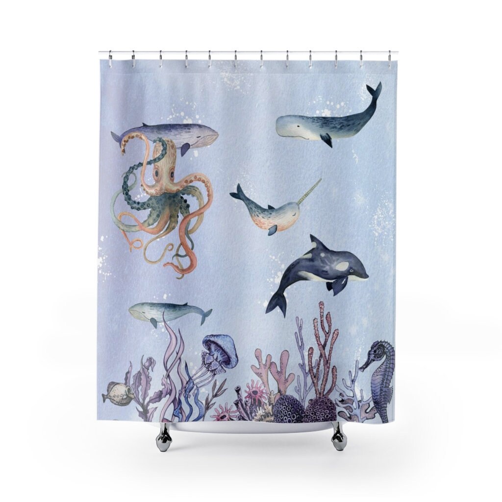 Ocean Shower Curtain, Shark Fish Reef Underwater World Polyester Fabric