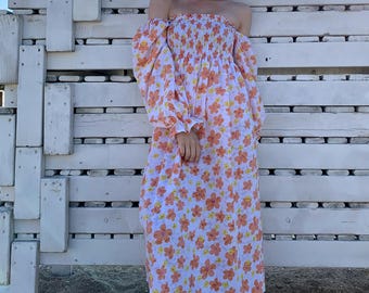 Romantic Cottagecore Floral Midi Dress, Off Shoulder Puff Sleeve Smocked Summer Sun Dress, Breathable Cotton Viscose Organza Picnic Wear