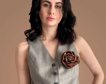 Large brown Rose Pin Brooch - Floral Pin for Women -Wedding Flower Accessory or Gift for Her - Brown silk bow Scarf- Black Neck Tie