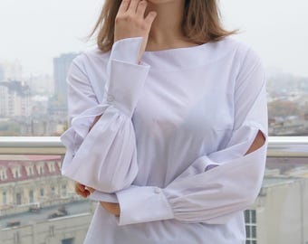 Women Classic Cotton Blouse * Long Sleeve spring Cotton shirt in white, Office women Blouse