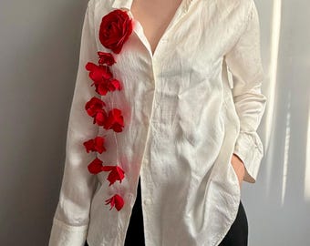 Cascade Flower Brooch Pin in Bold Red, Black Rose Statement Corsage, Long Multicolor Floral Shoulder Jewelry with Beads, Long Clothing Pin