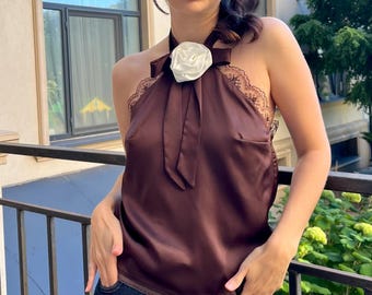 Open Back Lace Halter Top, Brown Silk Top with Rose Brooch, Backless Summer Tank, Vacation Outfit, Festival Coquette Top, Tie Backless Top