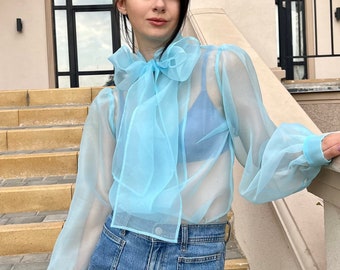 Sky Blue Sheer Organza  blouse with bow  Elegant Puffy Sleeves, Delicate blue organza blouse, Puffy sleeves Cocktail blue blouse