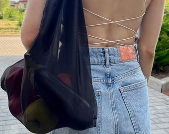 Schiere schwarze Organza-Einkaufstasche, umweltfreundliche wiederverwendbare Einkaufstasche für den Bauernmarkt