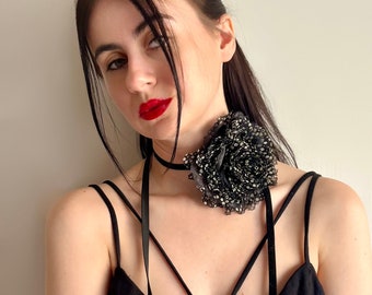 Large Black Flower Choker Necklace on Black or Velvet Ribbon: Gothic Flower Jewelry*  Black Flower Handmade Floral Rose Choker for Women