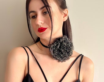 Large Black Flower Choker Necklace on Black or Velvet Ribbon: Gothic Flower Jewelry*  Black Flower Handmade Floral Rose Choker for Women