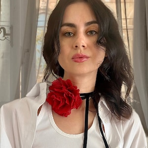 Large Red Flower Choker Necklace on Black Velvet Ribbon: Gothic Flower Jewelry*  Red Flower Handmade Floral Rose Choker for Women