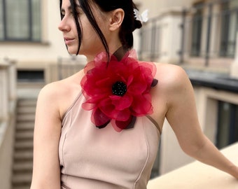 Red and black Flower Brooch - Large Oversized Corsage - Wedding or Party Pin - Red Organza Flower Pin Gift for her and mom