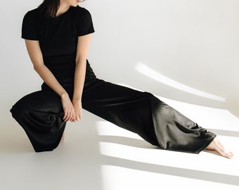 Women Black Satin Long Palazzo Pants - Classic Black Palazzo Pants -  Silk Trousers with a Wide Leg Fit-  High Waisted silk trousers