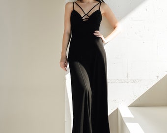 Long loose black dress.  Boho Bohemian black dress. Elegant Evening Dress. Slip long maxi dress. Strap maxi dress. Long Dinner black Dress