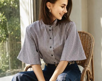 Striped Cotton Poplin Blouse with Statement Bell Sleeves, Smart Casual Office Shirt, Mock Neck Summer Top