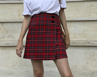 Red Plaid Wool Blend Skirt, High Waisted Tartan A Line Mini, Button Detail Checked Kilt, Preppy Academia Style Skirt for Women