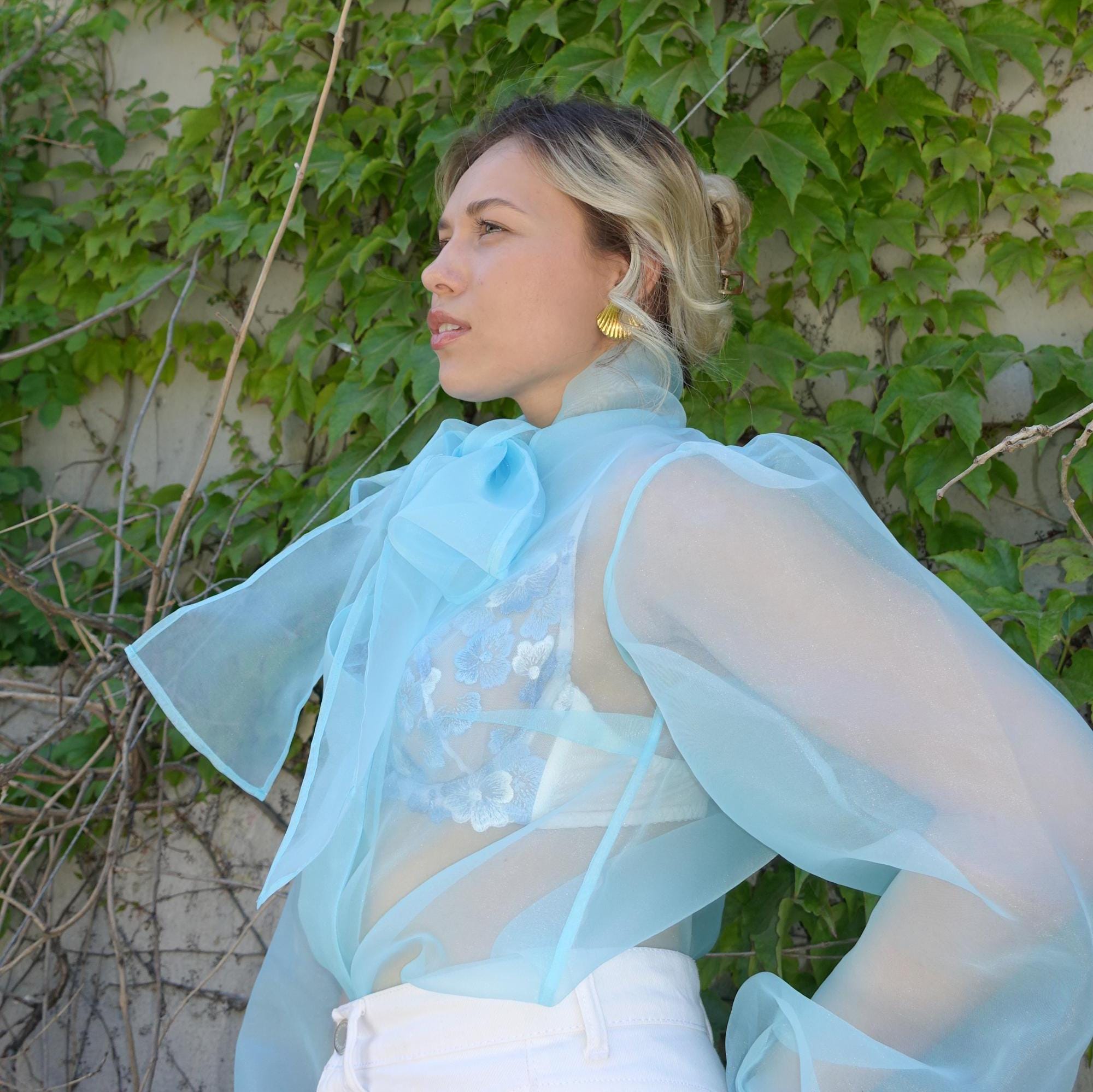 Transparent Blue Organza Blouse With Bow Sheer Puff Long