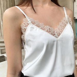 Ivory Silk Cami Top with Lace | White Satin Tank Blouse | Silk Bridal Camisole for Women | Elegant Sleeveless Top | Bridesmaid Satin Shirt