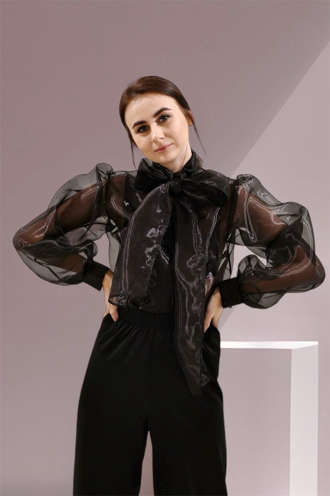 Black Sheer Organza Blouse With With Puff Sleeves and