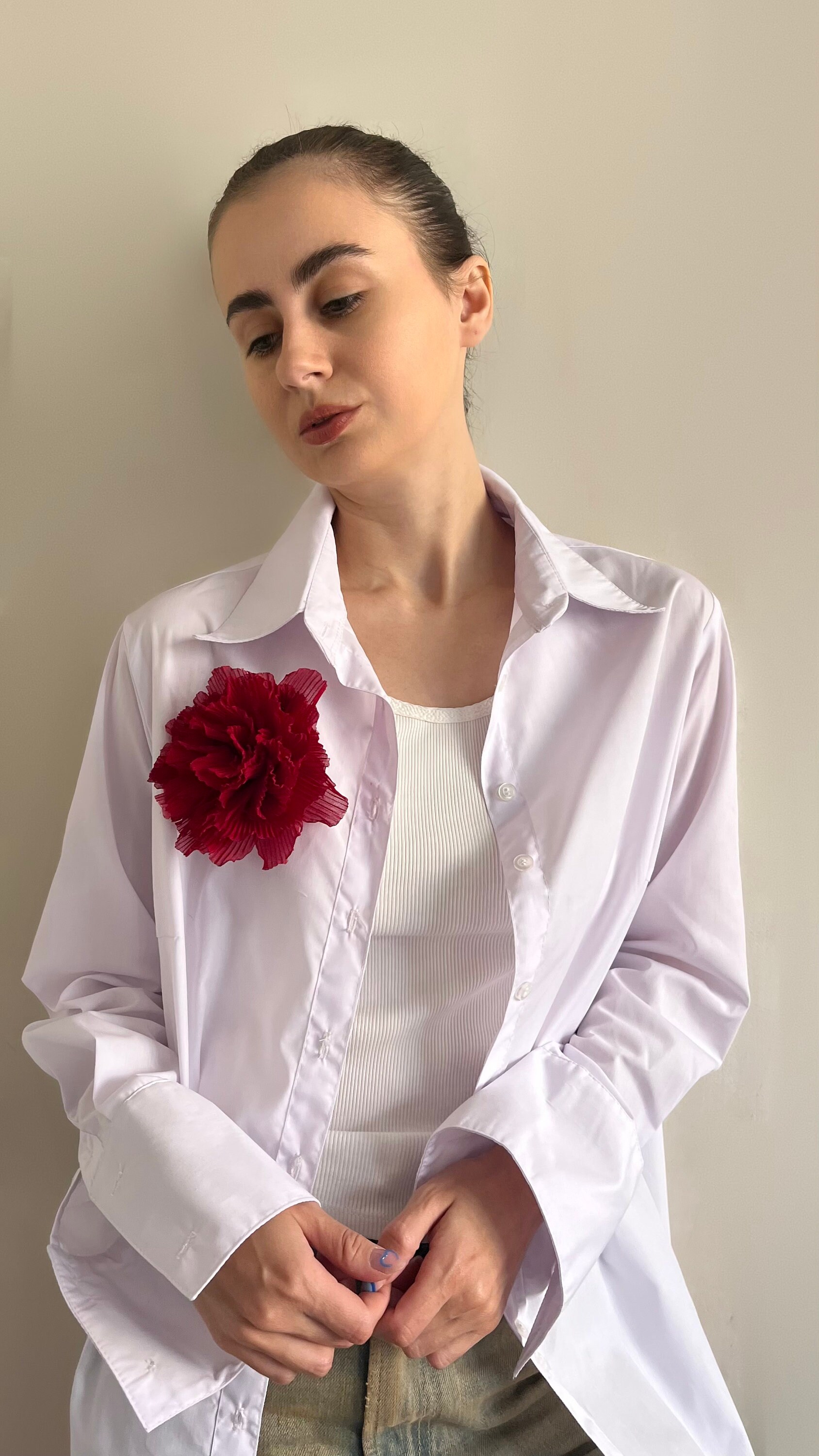 Spilla Grande A Forma Di Rosa Rossa In Raso - Accessorio Moda Donna Per Abiti, Cappotti, Sciarpe - Regalo Matrimonio - 5