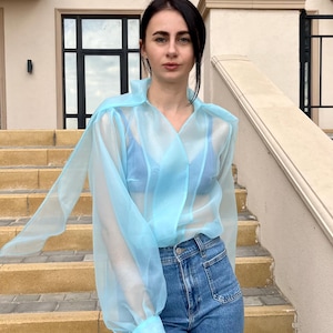 Sheer Blue Organza Blouse with Bow Tie/ Transparent Puff Sleeve Top/ See Through Long Sleeve Shirt for Women/ Elegant Sheer Organza Blouse