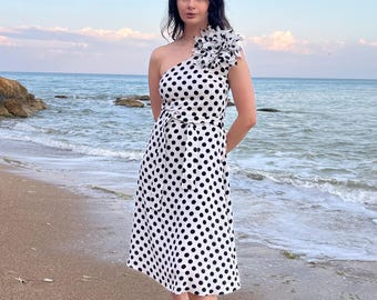 One Shoulder Polka Dot Dress with Detachable Flower Brooch, White and Black Crepe Chiffon Midi Dress, Elegant Wedding Guest Summer Dress