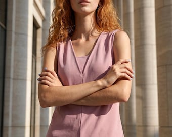 Pink Crepe Romper for Women, Minimalist Sleeveless Jumpsuit with V-Neck, Lightweight Summer Bodysuit, Elegant Casual Outfit