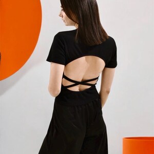 Black Ribbed Open Back Top – Short Sleeve Backless Shirt –Tie Back Knit Crop Top –Casual Sexy Shirt for Women urban streetwear women outfits