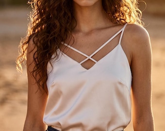 White Satin Cami Top, Double Strap Silk Cami, Black Evening Blouse, Deep V Back Tank Top, Bridal Party Camisole