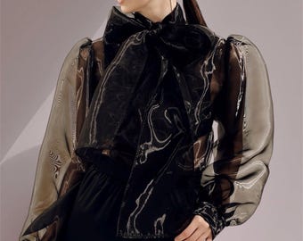Black Sheer Organza Blouse with Puff Sleeves and Statement Bow,  Blue See Through Formal for Women, Gothic Evening Party Top