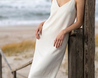 White Crepe Midi Slip Dress, Minimalist Summer Dress with High Slit, Elegant Sleeveless Party Dress, Quiet Luxury Aesthetic Resort Wear