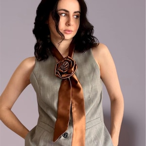 Brown Rose satin Flower Choker thin Scarf* Romantic silk Flower Choker with brown Rose Accent* Rose Floral silk Choker Necklace