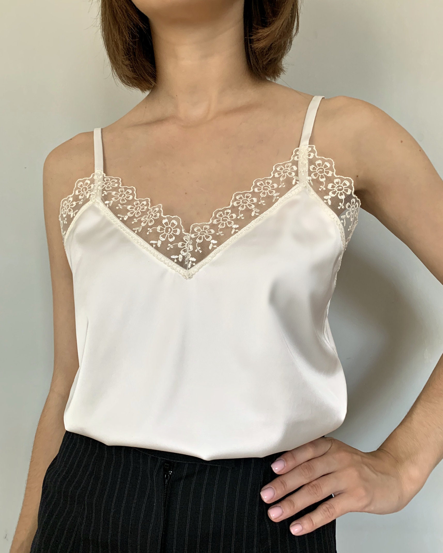 White Silk Top With Lace and Thin Straps Silk Satin Blouse Etsy UK
