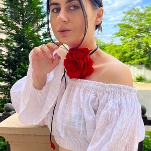Large Red Flower Choker Necklace on Black Ribbon: Gothic Flower Jewelry*  Red Flower Handmade Floral Rose Choker for Women Satin rose choker