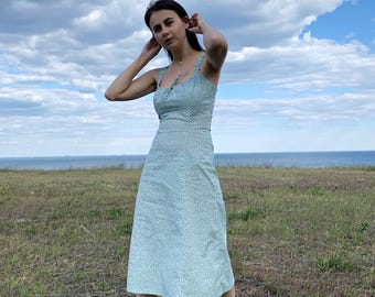 Blue Floral Ditsy Summer Midi Dress with Ruffle Straps, Square Neck & Tie-Up Back - Sundress for Women, Perfect for Picnic, Beach, or Party