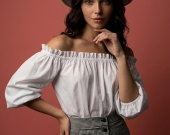 Cottagecore Off Shoulder Blouse White Puff Sleeve Top  Peasant Blouse Romantic Cotton Summer Top Women Boho Shirt
