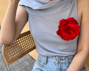 Large Red Fabric Flower Brooch, Satin Pin Rose, Flower Brooch Gift, Large RED silk rose brooch, Shoulder corsage floral pin. RED flower pin