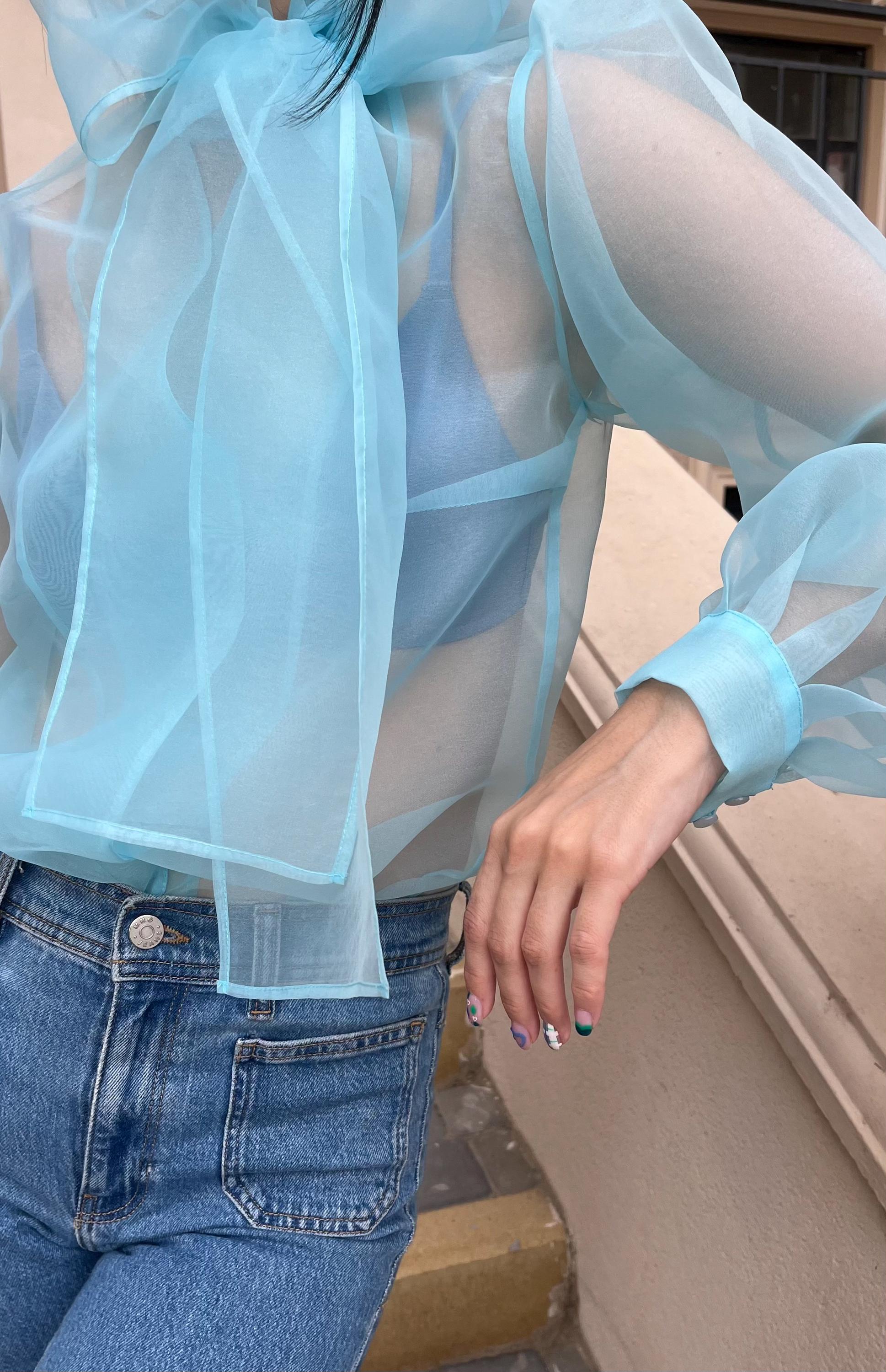 Black Sheer Organza Blouse With Puff Sleeves and Statement Bow 