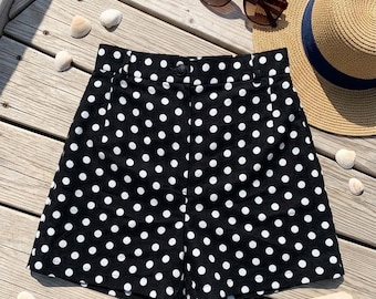 High Waisted Polka Dot Linen Shorts, Black and White Linen Blend Summer Shorts, Non Wrinkle Breathable Tailored Shorts