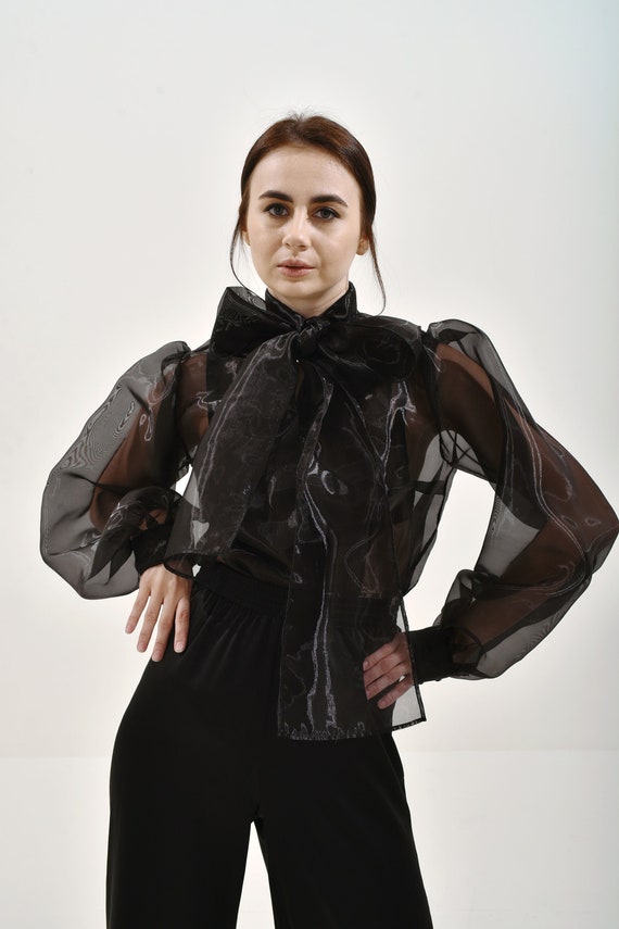 Blusa organza negra Blusa de lazo transparente Camisa - Etsy México