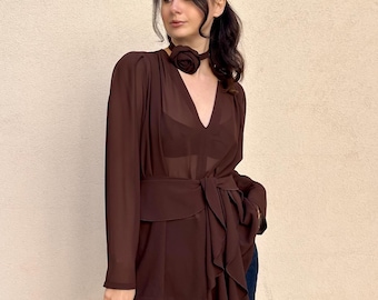 Brown Chiffon Blouse with Detachable Ruffle and Rose Choker • Sheer 3-in-1 Transformable Long Sleeve Top • Office Siren Romantic Aesthetic