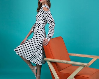 Polka Dot One Shoulder Midi Dress, Retro White and Black Cocktail Dress, Chiffon  Dress for Wedding Guest, Pin Up Style Summer Dress