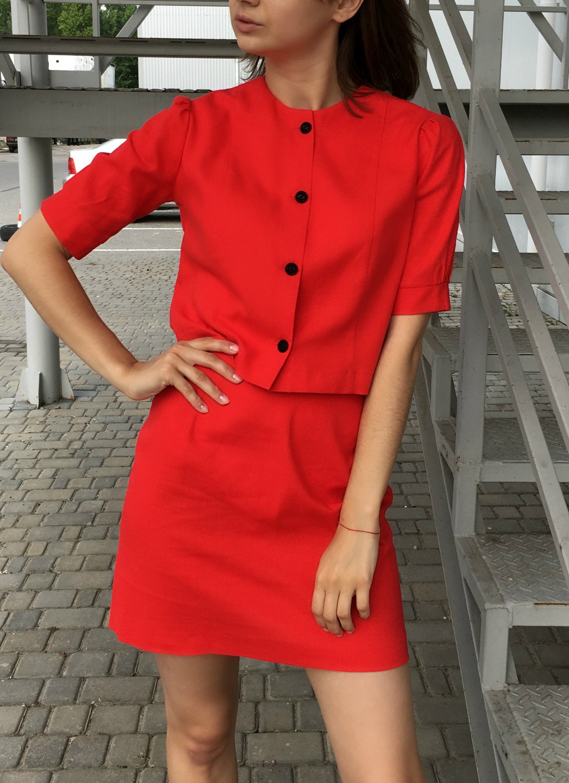 Two Piece SET Skirt with Blazer Red linen Office Suit. Women Etsy