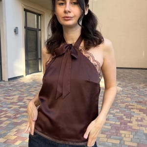 Brown Silk Cami Top with Lace, Satin halter top, Open back camisole