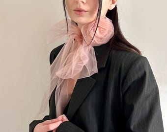 Light pink Tulle Scarf with Flower Scarf* Floral Tulle Neck Wrap Sheer Bow flower pink Tie
