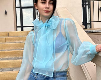 Haut En Mousseline Transparente à Manches Longues - Imprimé Fleuri Bleu - Taille 6 - Neuf Avec étiquette