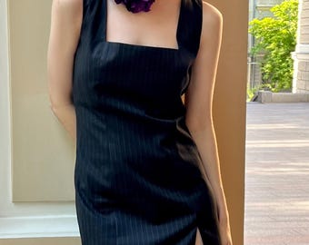 2 Piece Set: Pinstripe Sheath Cocktail Dress and Handcrafted Purple Flower Choker Brooch, Elegant Date Night Outfit, Office Siren Bundle