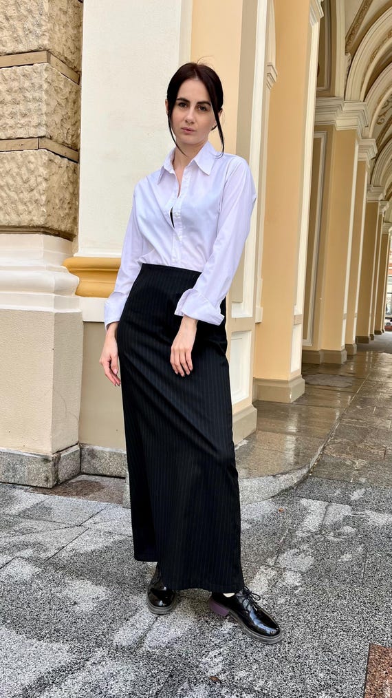 Black Pinstripe Maxi Skirt, High Waisted Long Office Skirt With Back