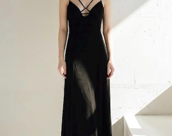Black Strappy Maxi Dress, Minimalist Summer Long Dress, Elegant Evening Jersey Dress, Criss Cross Neckline Gown